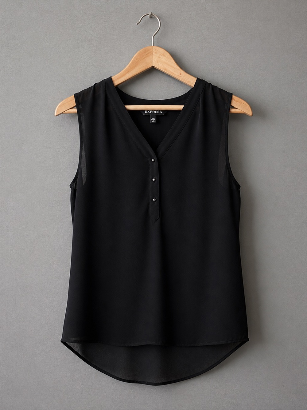 Express Black Sleeveless Blouse Women’s M Sheer Hem V-Neck Button Front Flowy